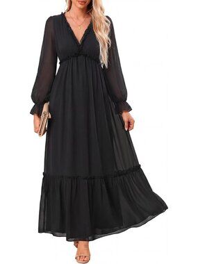 Chic Long Sleeve Maxi Chiffon Dress - Flowy Boho Style for Fall Fashion